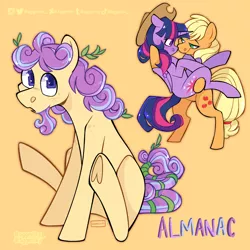 Size: 2048x2048 | Tagged: safe, artist:3ggmilky, derpibooru import, applejack, twilight sparkle, oc, oc:almanac, pony, bipedal, bridal carry, carrying, female, image, lesbian, magical lesbian spawn, offspring, orange background, parent:applejack, parent:twilight sparkle, parents:twijack, png, shipping, simple background, twijack