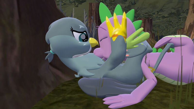 Size: 1280x720 | Tagged: safe, artist:ponygamer2020, artist:ponygamersfm, derpibooru import, gabby, spike, dragon, gryphon, 3d, blushing, cuddling, cute, feather, female, gabbybetes, image, jpeg, lying down, male, on back, paws, pillow, shipping, sleeping, snoring, source filmmaker, spabby, straight, tail, tail wrap, underpaw