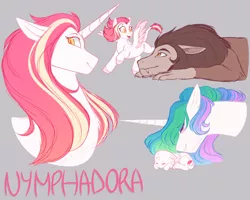 Size: 2000x1600 | Tagged: safe, artist:purplegrim40, derpibooru import, princess celestia, scorpan, oc, oc:nymphadora, alicorn, hybrid, pony, baby, female, gray background, image, interspecies offspring, male, offspring, parent:princess celestia, parent:scorpan, png, simple background, smiling