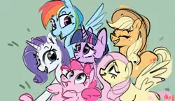 Size: 3309x1907 | Tagged: safe, artist:alumx, derpibooru import, applejack, fluttershy, pinkie pie, rainbow dash, rarity, twilight sparkle, earth pony, pegasus, pony, unicorn, friendship is magic, eyebrows, eyebrows visible through hair, eyes closed, female, high res, image, mane six, mare, open mouth, open smile, png, scene interpretation, smiling, spread wings, unicorn twilight, wings