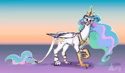 Size: 6005x3537 | Tagged: safe, artist:alumx, derpibooru import, princess celestia, gryphon, female, griffonized, high res, image, lidded eyes, looking at you, png, solo, species swap