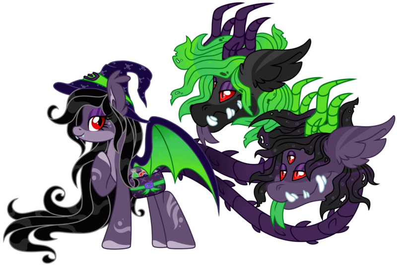 Size: 1280x855 | Tagged: safe, artist:lupulrafinat, derpibooru import, oc, unofficial characters only, cow plant pony, monster pony, original species, plant pony, pony, augmented tail, bat wings, female, forked tongue, hat, hoof on chest, horns, image, plant, png, simple background, transparent background, wings, witch hat