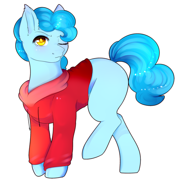 Size: 1893x1960 | Tagged: safe, artist:highrolleryt, derpibooru import, oc, unofficial characters only, earth pony, pony, clothes, ear fluff, earth pony oc, hoodie, image, one eye closed, png, simple background, transparent background, wink