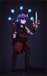 Size: 1224x1958 | Tagged: safe, artist:toko-vega, derpibooru import, twilight sparkle, human, dagger, dark souls, humanized, image, jpeg, medieval, solo, staff, weapon