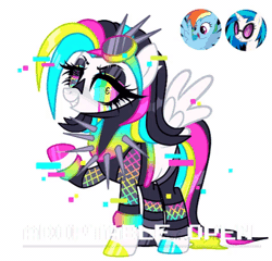 Size: 478x458 | Tagged: safe, artist:sush-adopts, derpibooru import, rainbow dash, vinyl scratch, oc, pegasus, pony, adoptable, adoptable open, animated, black mane, blue mane, choker, clothes, collar, corrupted, error, eyelashes, fishnets, fusion, gif, glitch, glow, goggles, image, multicolored eyes, multicolored hair, multicolored mane, neon, pink mane, rainbow hair, shirt, socks, solo, spiked choker, static, stockings, technology, thigh highs, wings, yellow mane