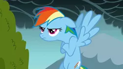 Size: 1280x720 | Tagged: safe, derpibooru import, screencap, rainbow dash, pegasus, pony, dragonshy, season 1, angry, crossed hooves, female, flying, grumpy dash, image, mare, narrowed eyes, png, rainbow dash is not amused, solo, spread wings, unamused, wings