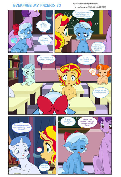 Size: 6313x9243 | Tagged: safe, artist:jeremy3, derpibooru import, sunset shimmer, trixie, pony, unicorn, comic:everfree, comic:everfree my friend, equestria girls, classroom, comic, female, filly, filly sunset shimmer, filly trixie, foal, image, jpeg, open mouth, ribbon, sad, speech bubble, upset, younger