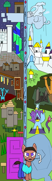 Size: 1080x3712 | Tagged: safe, artist:knife smile, derpibooru import, hydra, tatzlwurm, castle, cloud, hut, image, lich tower, minecraft, mirror, multiple heads, png, portal, steve, the twilight forest, tree, twilight's castle