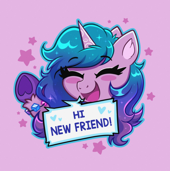 Size: 3115x3135 | Tagged: safe, artist:confetticakez, derpibooru import, izzy moonbow, pony, unicorn, blushing, bracelet, cute, eyes closed, female, friendship bracelet, g5, hi new friend, image, izzybetes, jewelry, mare, open mouth, pink background, png, simple background, solo, unshorn fetlocks, waving