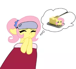 Size: 502x456 | Tagged: safe, derpibooru import, fluttershy, pegasus, pony, butter, confused, dream, flutterbutter, food, image, knife, png, ponytail, sleep mask, sleeping, solo, weird