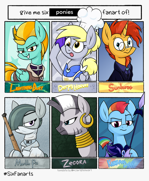 Size: 2122x2579 | Tagged: safe, artist:moonatik, derpibooru import, derpy hooves, lightning dust, marble pie, rainbow dash, sunburst, zecora, earth pony, pegasus, pony, unicorn, zebra, six fanarts, alternate hairstyle, alternate timeline, apron, armor, bomber jacket, chef, chef's hat, clothes, ear piercing, earring, eyepatch, female, glasses, gloves, hat, image, jacket, jewelry, lee enfield, mare, military uniform, neck rings, new lunar millennium, night guard, night guard dash, nightmare takeover timeline, piercing, png, salute, spear, suit, uniform, weapon