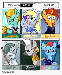 Size: 2122x2579 | Tagged: safe, artist:moonatik, derpibooru import, derpy hooves, lightning dust, marble pie, rainbow dash, sunburst, zecora, earth pony, pegasus, pony, unicorn, zebra, six fanarts, alternate hairstyle, alternate timeline, apron, armor, bomber jacket, chef, chef's hat, clothes, ear piercing, earring, eyepatch, female, glasses, gloves, hat, image, jacket, jewelry, lee enfield, mare, military uniform, neck rings, new lunar millennium, night guard, night guard dash, nightmare takeover timeline, piercing, png, salute, spear, suit, uniform, weapon