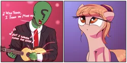 Size: 5000x2500 | Tagged: safe, artist:vultraz, derpibooru import, oc, oc:anon, oc:thingpone, unofficial characters only, human, pony, 2 panel comic, :o, clothes, comic, confused, image, musical instrument, necktie, open mouth, png, singing, sitting, suit, the troggs, ukulele