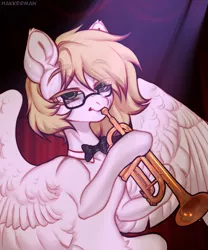 Size: 2500x3000 | Tagged: safe, artist:hakkerman, derpibooru import, oc, oc:ludwig von leeb, unofficial characters only, pegasus, pony, blonde hair, glasses, green eyes, image, male, musical instrument, png, solo, spread wings, stallion, trumpet, wings