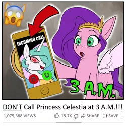 Size: 1600x1600 | Tagged: safe, artist:rocket-lawnchair, derpibooru import, pipp petals, princess celestia, pegasus, 3 a.m. challenge, clickbait, female, g5, image, mobile phone, phone, png, youtube, youtube thumbnails be like