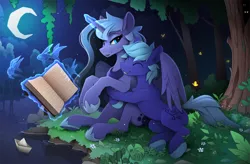 Size: 2400x1575 | Tagged: safe, artist:yakovlev-vad, derpibooru import, princess luna, oc, alicorn, butterfly, earth pony, insect, pony, book, crescent moon, duo, eyes closed, forest, glow, glowing horn, grin, happy, horn, hug, image, magic, moon, night, paper boat, png, river, smiling, telekinesis, tree, water, winghug, wings