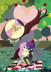Size: 579x816 | Tagged: safe, artist:excelso36, derpibooru import, fluttershy, oc, human, equestria girls, apple, apple tree, canon x oc, engagement, engagement ring, food, humanized, image, intertwined trees, jpeg, pear tree, picnic, picnic blanket, shipping, teapot, tree, winged humanization, wings