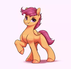 Size: 2859x2786 | Tagged: safe, artist:aquaticvibes, derpibooru import, scootaloo, pegasus, pony, female, folded wings, full body, grin, high res, hooves, image, png, raised hoof, shadow, simple background, smiling, solo, standing, white background, wings