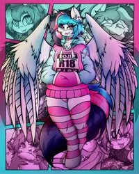 Size: 3175x3969 | Tagged: suggestive, alternate version, artist:canvymamamoo, derpibooru import, oc, oc:echy, unofficial characters only, anthro, pegasus, unguligrade anthro, :3, :p, abstract background, bandaid, blushing, chest fluff, clothes, collar, comic, ear fluff, ear piercing, earring, freckles, hoodie, image, jewelry, jpeg, looking at you, male, piercing, raised eyebrow, smug, socks, solo, solo male, striped socks, striped underwear, tongue out, underwear