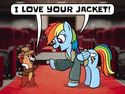 Size: 1120x840 | Tagged: safe, artist:m.w., derpibooru import, rainbow dash, chipmunk, pegasus, pony, bomber jacket, chip, chip and dale rescue rangers, clothes, crossover, dialogue, duo, female, hat, image, jacket, male, mare, png, speech bubble