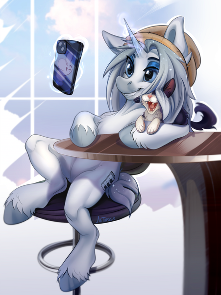 Size: 2053x2733 | Tagged: safe, artist:mithriss, derpibooru import, oc, cat, pony, unicorn, image, magic, mobile phone, phone, png, solo