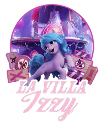 Size: 650x800 | Tagged: safe, derpibooru import, official, izzy moonbow, pony, unicorn, my little pony: a new generation, bridlewood, cropped, design, female, g5, image, la villa izzy, mare, merchandise, png, shirt design, simple background, solo, text, transparent background