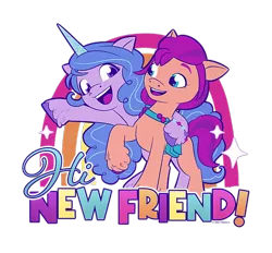 Size: 700x650 | Tagged: safe, derpibooru import, official, izzy moonbow, sunny starscout, earth pony, pony, unicorn, cropped, design, duo, female, g5, hi new friend, image, mare, merchandise, png, rainbow, shirt design, simple background, text, transparent background