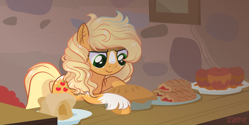 Size: 8000x4032 | Tagged: safe, artist:scarffist, derpibooru import, applejack, earth pony, pony, alternate hairstyle, apple, apple fritter (food), apple pie, commission, female, food, freckles, image, mare, markings, pie, plate, png, redesign, scar, solo, table, tray, unshorn fetlocks, ych result