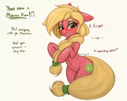 Size: 1000x798 | Tagged: safe, artist:inkypuso, derpibooru import, big macintosh, earth pony, pony, 2022, alternate hairstyle, belly button, blushing, descriptive noise, eeyup, eyeshadow, freckles, image, jpeg, lip bite, macareina, makeup, nervous, offscreen character, rule 63, shy, solo