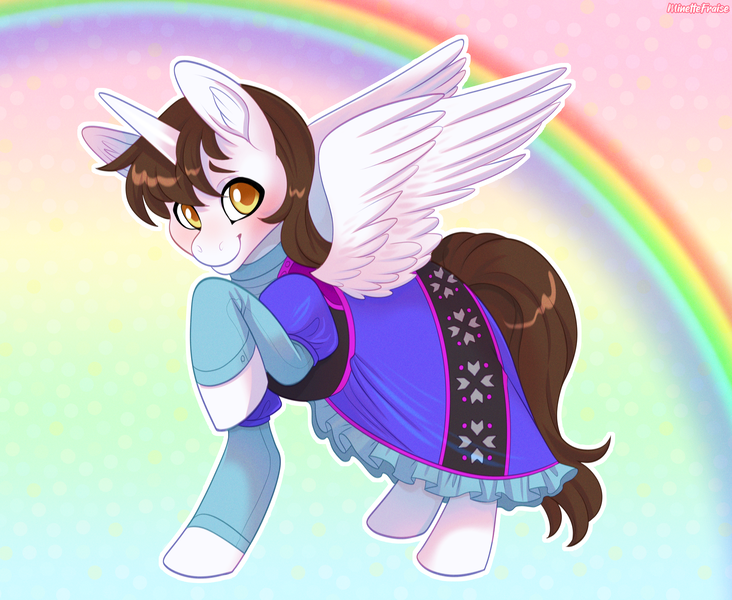 Size: 3464x2840 | Tagged: safe, artist:minettefraise, derpibooru import, oc, oc:mitchy, alicorn, alicorn oc, blushing, crossdressing, femboy, horn, image, male, png, princess, rainbow, solo, wings