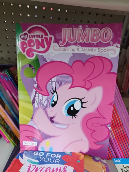 Size: 3000x4000 | Tagged: safe, derpibooru import, pinkie pie, earth pony, pony, coloring book, dollar tree, error, female, high res, image, irl, jpeg, mare, my little pony jumbo coloring book, my little pony logo, open mouth, open smile, photo, raised hoof, smiling, solo