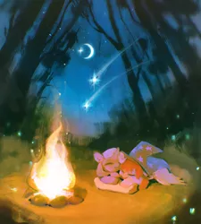 Size: 1842x2048 | Tagged: safe, artist:dearmary, derpibooru import, oc, unofficial characters only, pegasus, pony, unicorn, campfire, crescent moon, cuddling, forest, image, jpeg, moon, night, night sky, sky, sleeping, tree