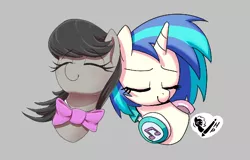 Size: 528x338 | Tagged: safe, artist:horsepen, artist:thebatfang, derpibooru import, octavia melody, vinyl scratch, earth pony, pony, unicorn, aggie.io, bowtie, bust, duo, eyes closed, female, gray background, headphones, image, mare, png, signature, simple background, smiling