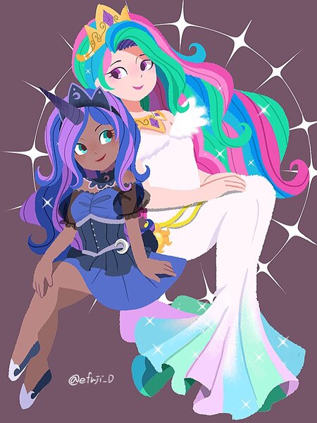 Size: 766x1021 | Tagged: safe, artist:efuji_d, derpibooru import, kotobukiya, princess celestia, princess luna, human, clothes, crossed legs, dress, duo, female, height difference, horn, horned humanization, humanized, image, jpeg, kotobukiya princess celestia, kotobukiya princess luna, looking at each other, looking at someone, moderate dark skin, off shoulder, purple background, royal sisters, shoes, siblings, signature, simple background, sisters, sitting, smiling