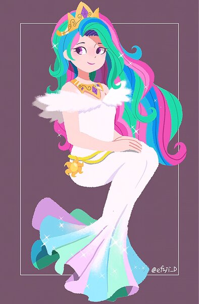 Size: 1346x2048 | Tagged: safe, artist:efuji_d, derpibooru import, kotobukiya, princess celestia, human, clothes, dress, female, humanized, image, jpeg, kotobukiya princess celestia, off shoulder, purple background, simple background, sitting, smiling, solo