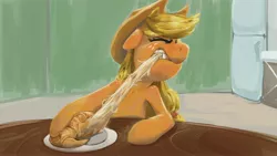 Size: 3840x2160 | Tagged: safe, artist:applephil, derpibooru import, applejack, earth pony, pony, 4k, bread, croissant, eating, eyes closed, female, floppy ears, food, freckles, gritted teeth, high res, image, jpeg, mare, plate, refrigerator, shoulder freckles, solo, stretchy, table, teeth