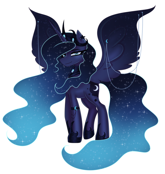 Size: 2880x3040 | Tagged: safe, artist:opal_radiance, derpibooru import, princess luna, alicorn, pony, commission, crown, ethereal mane, eyebrows, female, high res, hoof shoes, image, jewelry, looking at you, mare, peytral, png, princess, redesign, regalia, simple background, smiling, smiling at you, solo, spread wings, starry mane, starry tail, tail, transparent background, wings