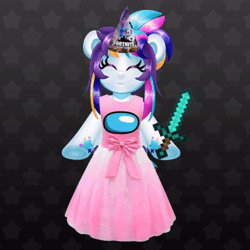 Size: 450x450 | Tagged: safe, artist:partylikeanartist, derpibooru import, oc, oc:indigo wire, pony, unicorn, among us, animated, bipedal, birthday, clothes, cringe comedy, diamond sword, dress, dressup, eye clipping through hair, eyebrows, eyebrows visible through hair, fortnite, gif, happy, hat, image, minecraft, open mouth, party hat, solo, sword, vtuber, weapon, wingding eyes