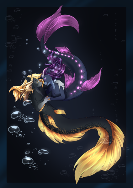 Size: 1637x2315 | Tagged: suggestive, artist:blackblood-queen, derpibooru import, oc, oc:indigo rose, oc:rege liliac, unofficial characters only, anthro, hybrid, merpony, seapony (g4), anthro oc, bioluminescent, breasts, bubble, commission, couple, digital art, female, fish tail, flowing mane, flowing tail, image, looking at each other, looking at someone, male, mermaid tail, milf, oc x oc, png, shipping, smiling, straight, tail, underwater, water