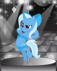 Size: 1920x2400 | Tagged: suggestive, artist:grapefruit-face, derpibooru import, trixie, pony, unicorn, bipedal, bow, derpibooru exclusive, disco ball, flower bikini, hair bow, image, looking at you, png, pole dancing, smiling, solo, stripper pole