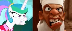 Size: 2001x864 | Tagged: safe, derpibooru import, edit, edited screencap, screencap, princess celestia, alicorn, pony, between dark and dawn, season 9, spoiler:s09, alternate hairstyle, angry, chef, chef skinner, clothes, coincidence i think not, comparison, eyebrows, gritted teeth, hairband, image, jpeg, pixar, rage, ratatouille, teeth