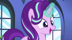 Size: 1280x720 | Tagged: safe, derpibooru import, edit, edited screencap, screencap, sound edit, melody, spike, starlight glimmer, dragon, pony, unicorn, every little thing she does, my little pony tales, season 6, animated, female, g1, image, kelly sheridan, male, mare, shipping, sound, sparlight, straight, voice actor joke, webm