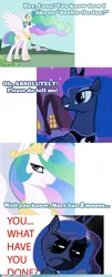 Size: 500x1235 | Tagged: safe, derpibooru import, princess celestia, princess luna, alicorn, pony, artifact, female, image, jpeg, meme, my little brony, ponified meme, text, the fun has been doubled, to the moon, trollestia, watermark, what have you done?!