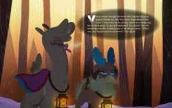 Size: 7113x4500 | Tagged: safe, artist:bearmation, derpibooru import, velvet reindeer, deer, llama, reindeer, them's fightin' herds, absurd resolution, breath, community related, duo, female, floppy ears, forest, frown, image, lantern, paprika (tfh), png, snow, snowfall, story included, text, tongue out, tree, unamused