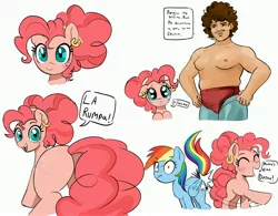 Size: 3840x3000 | Tagged: suggestive, artist:_ton618_, derpibooru import, pinkie pie, rainbow dash, earth pony, human, pegasus, pony, balloonbutt, butt, clothes, crossover, ear piercing, earring, female, gratuitous spanish, hooped earrings, image, jewelry, jpeg, large butt, looking back, male, male nipples, mare, meme, nacho libre, nipples, nudity, partial nudity, piercing, plot, simple background, spanish, spanking, speech bubble, topless, white background
