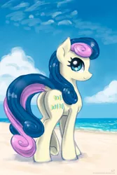 Size: 1200x1800 | Tagged: safe, artist:kp-shadowsquirrel, derpibooru import, bon bon, sweetie drops, earth pony, pony, beach, bon butt, butt, cloud, dock, female, image, jpeg, looking at you, mare, plot, sand, sky, smiling, solo, tail, water