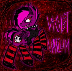 Size: 916x900 | Tagged: semi-grimdark, artist:bunnielovesyou, derpibooru import, oc, oc:violet valium, bat pony, pony, blood, blood splatter, clothes, collar, edgy, fangs, female, hoodie, image, png, red eyes, sharp teeth, skull, socks, solo, solo female, spiked collar, teeth