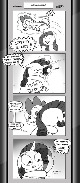 Size: 1451x3300 | Tagged: safe, artist:loreto-arts, derpibooru import, pinkie pie, rarity, spike, dragon, pony, comic:friendship is innuendo, comic:friendship is innuendo vol. 2, hug, image, magic, monochrome, pinkamena diane pie, png, winged spike, wings