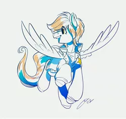 Size: 4096x3888 | Tagged: safe, artist:opalacorn, derpibooru import, oc, unofficial characters only, pegasus, pony, clothes, flying, image, jacket, jpeg, male, signature, simple background, smiling, solo, stallion, white background