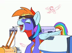Size: 3400x2500 | Tagged: safe, artist:tsitra360, derpibooru import, rainbow dash, human, original species, pegasus, plane pony, pony, cider, duo, duo male and female, eyes closed, female, goggles, happy, high res, image, jpeg, macro, male, open mouth, open smile, plane, signature, simple background, sketch, smiling, truck, white background